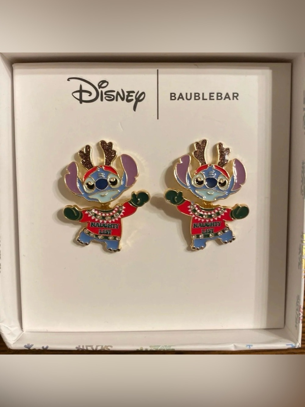 Disney BaubleBar Stitch Ugly Christmas Sweater Dancing Earrings Naughty List NWT